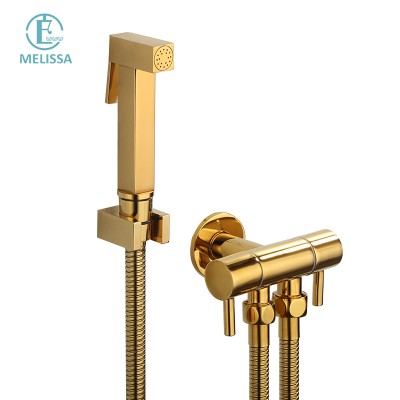 Melissa Brass Bathroom Bright Titanium gold toilet bidet spray shattaf set Handheld shower three-way Angle Valve faucet